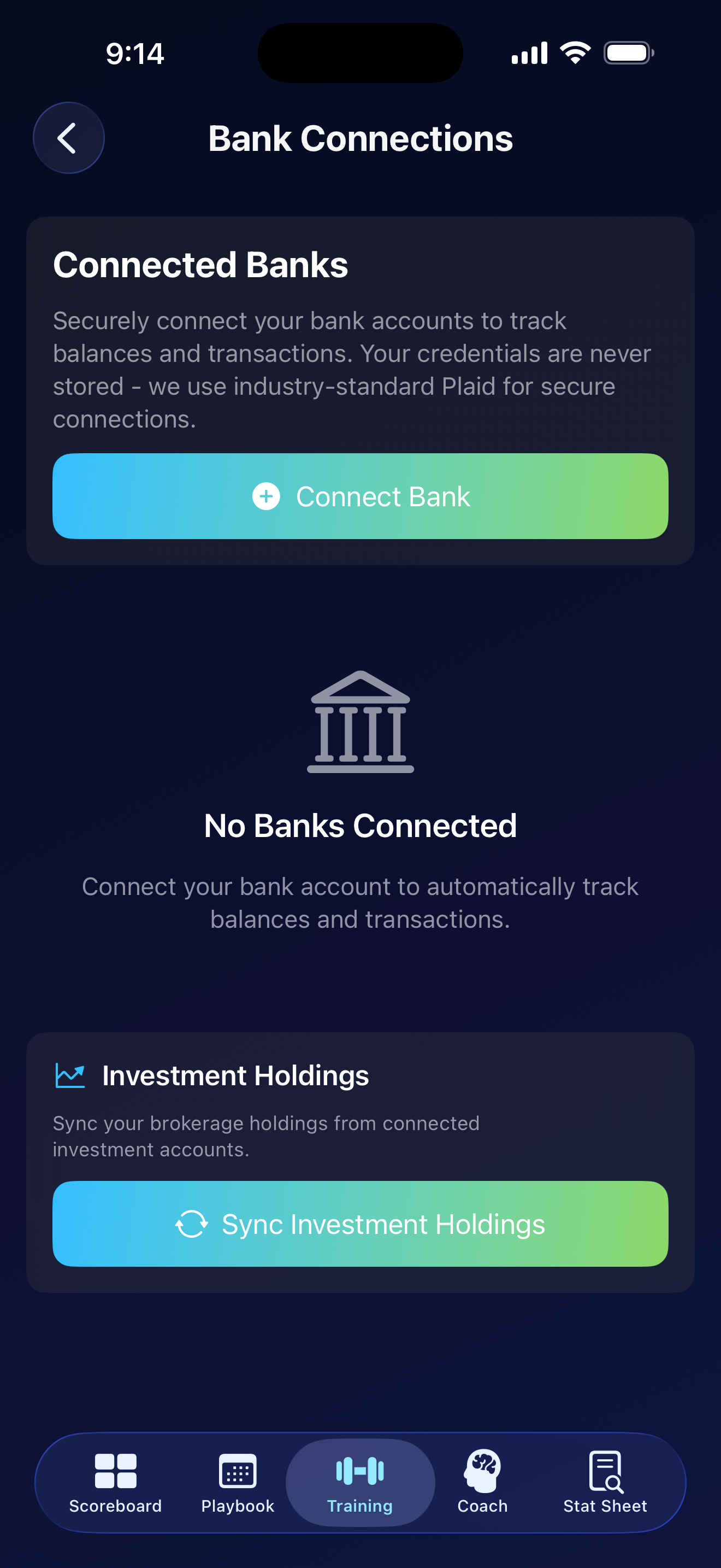 FitPockets Bank Connections screen showing Connect Bank button and Investment Holdings sync via Plaid