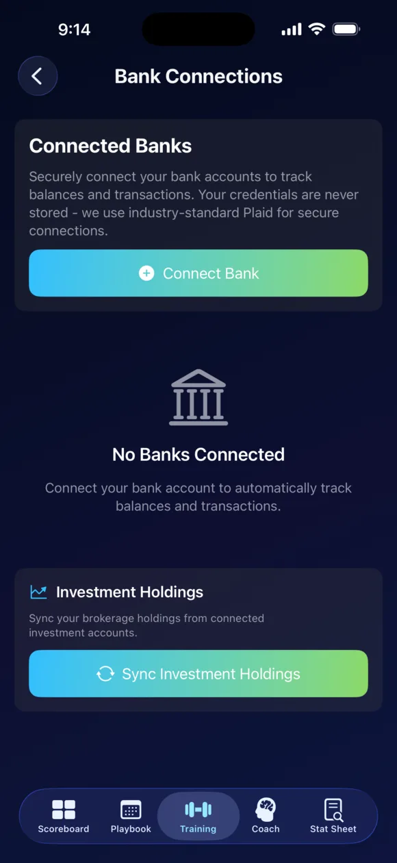 FitPockets Bank Connections screen showing Connect Bank button and Investment Holdings sync via Plaid