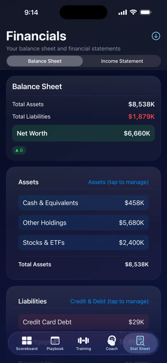 FitPockets Financials screen showing a Balance Sheet with total assets, liabilities, and net worth