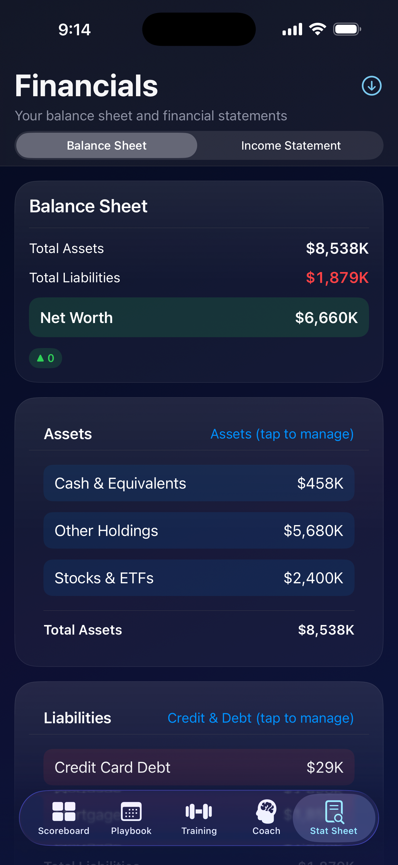 FitPockets Financials screen showing a Balance Sheet with total assets, liabilities, and net worth