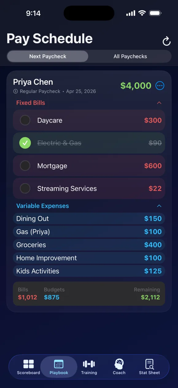 FitPockets Pay Schedule — every bill assigned to a paycheck automatically