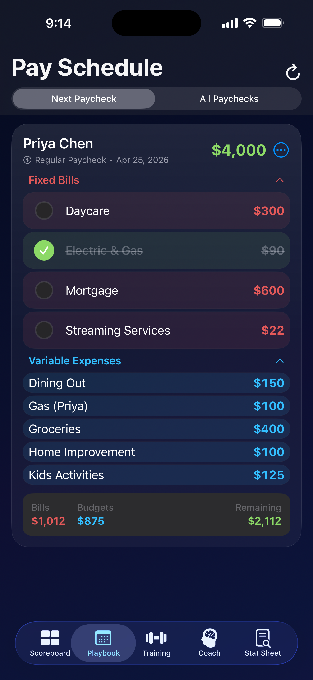 FitPockets Pay Schedule — every bill assigned to a paycheck automatically