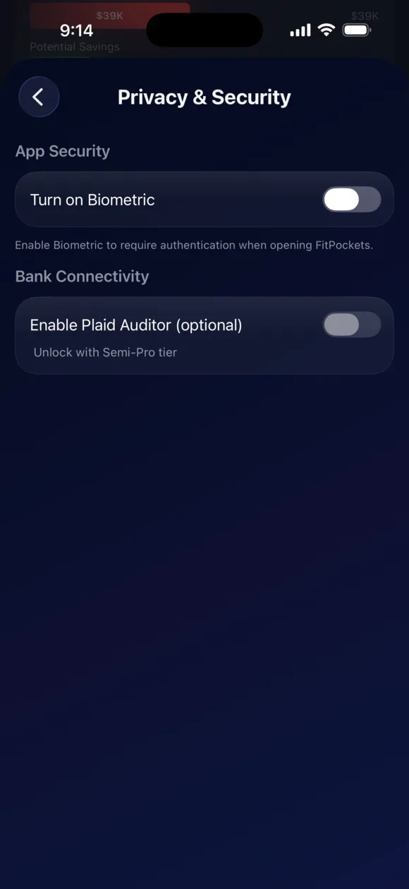 FitPockets Privacy & Security settings screen showing biometric lock and optional Plaid connectivity toggles